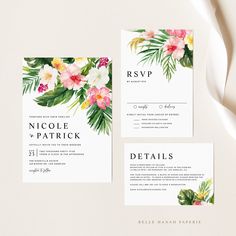 wedding stationery with tropical flowers and greenery