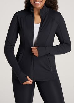 American-Tall-Women-WarmUp-AthleticJacket-Black-front Extra Long Leggings, Zip Up Jackets, Workout Tops For Women, Black Bandeau, Beach Wear Dresses, Mock Turtleneck, Tall Women, Swimwear Outfit, Workout Jacket