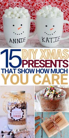 the words diy christmas presents that show how much you care are in front of two mugs filled with marshmallows