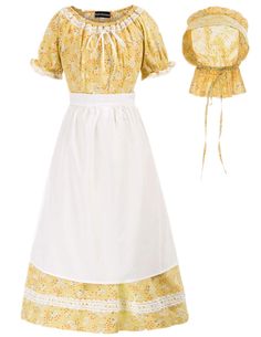 PRICES MAY VARY. Material: Made of breathable, comfortable and lightweight fabric. 98% Cotton, 2% Polyester. Three Piece Set: Kid girls colonial dress, attached apron and bonnet. Short sleeves with elastic cuffs, crew neck, cute flower printed dress the neckline with elastic band, can also be worn as off shoulder. Attached apron is about 22 inches, tie at the back. Occasion: Perfect for pioneer trek, civil war reenactment cosplay, colonial fair, education day, pilgrim,school play,theater, thanks Wilder Dress, Pioneer Girl Costume, Colonial Dresses, Praire Dresses, Amish Clothing, Pioneer Costume, Pioneer Girl, Blue And Yellow Dress, Pioneer Dress