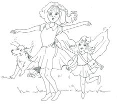 a girl and two dogs are playing with each other in the field coloring page for kids