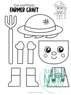 cut and paste paper craft with an image of a hat, shovels, and other items