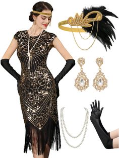 PRICES MAY VARY. Roaring 20s Costumes for Women: 1x sequin 1920s dresses for women, 1 x flapper feather headband, 1 x vintage earrings, 1 x faux pearl necklace,1 x long costume flapper gloves, 1 x plastic holder rod Material: This flapper dresses 1920s gatsby dresses for women is crafted from polyester and soft mesh fabric, embellished with fringes, beads and sequins, comfortable and fancy Elegant Design with Roaring 20s Outfits: The Gatsby-inspired 1920s cocktail dress features a round neck and Harlem Nights Theme Party Outfit, Roaring 20s Costumes, 1920 Style Dresses, 20s Accessories, Plus Size Flapper Dress, 1960s Accessories, Roaring 20s Dresses, 20s Costume, Gatsby Dresses