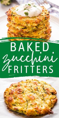 baked zucchini fritters on a white plate with a green banner in the background