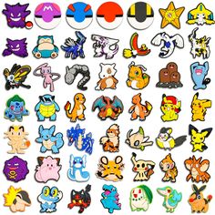 an assortment of pokemon stickers are shown in this image, with different colors and shapes