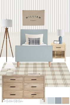 Cute boys bedroom mood board with light blue and brown tones throughout! This bedroom features a blue upholstered bed paired with a wooden nightstand and dresser! Over the bed is a cute custom name sign! Blue Toddler Room Boy, Light Blue Boys Room, Preppy Boys Room, Kids Room Mood Board, Light Blue Boys Bedroom, Coastal Boys Bedroom, Neutral Boys Bedroom, Blue And Brown Bedroom