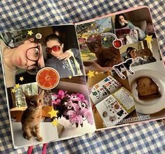 an open photo book with pictures of cats and other things in it on a table