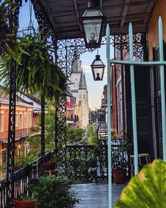 an outdoor balcony with potted plants and hanging lanterns on the side of buildings in new orleans