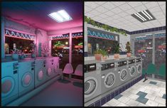 three different images show the inside of a laundry room, with washing machines in front of them