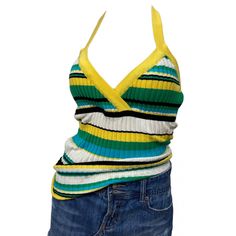 Xoxo Striped Halter Vneck Top Sweater Rib Knit Size M . Black Green Yellow Never Worn But Washed. Comes From A Allergy Free Environment . Please Use Approximate Measurements For A More Accurate Fit. Trendy Yellow Knit Top, Yellow Retro Knit Top, Fitted Yellow Knit Top, Fitted Mustard Knit Top, Summer Halter Tops, Black One Shoulder Top, Edgy Glam, Lace Camisole Top, Striped Halter Top