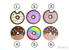 six donuts with different colors and designs are shown in the diagram, which shows how to make them