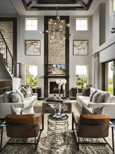 a living room filled with furniture and a fire place in the middle of a room