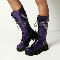 Find ideas๏ฟฝand inspiration for Womens Purple Mid Calf Boots Platform Buckle Lace Up Gothic Motorcycle Creeper, Women's shoes Riding Boots Women, Knee High Riding Boots, Oxford Shoes Style, Purple Boots, Creepers Shoes, Gothic Shoes, Womens Riding Boots, Black Shoes Women, Knee High Leather Boots