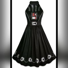 a black dress with white and red designs on the front, featuring an image of darth vader