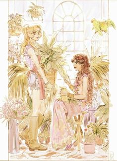 two women are sitting in front of some potted plants