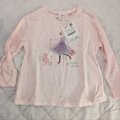 Brand New Zara Kids Shirt, Size 3/4 Cute Long Sleeve T-shirt For Spring, Zara Long Sleeve Tops With Graphic Print, Cute Long Sleeve Zara T-shirt, Zara Long Sleeve T-shirt For Spring, Zara Long Sleeve Spring T-shirt, Cute Zara Cotton Shirt, Pink Cotton Zara Shirt, Zara Pink Graphic Print Top, Zara Pink Cotton Shirt