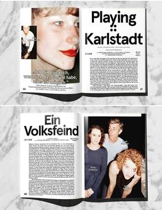 an open magazine with two pages on the front and back, featuring photos of people