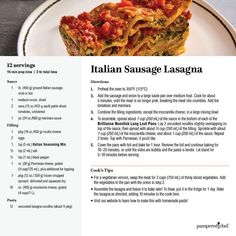 an italian sausage lasagna recipe on a white plate with instructions for cooking it