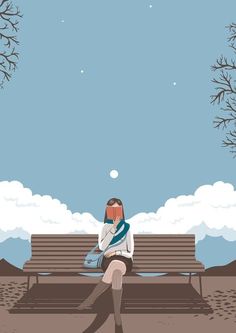 a woman sitting on a park bench with her head in her hands, looking up at the sky