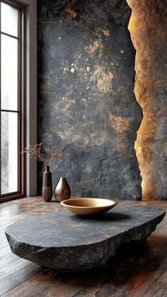 a table with a bowl on it in front of a stone wall and vases