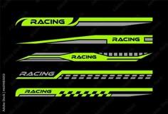 the racing decals are shown in neon green and black, with checkered stripes