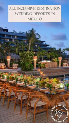 an outdoor dining area with tables and chairs next to a swimming pool, surrounded by palm trees