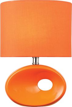 an orange table lamp with a round shade on the base and a circular light in the middle