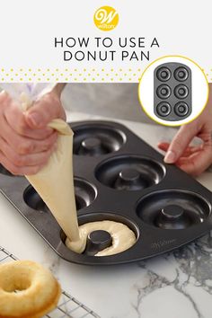 an image of someone making doughnuts in a muffin pan with the title how to use a donut pan