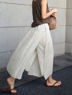 Lasaky - Chic Linen Wide-Leg Culottes: Flowy Style with Side Slit Detail - Nine-Point Length Linen Harem Pants, Flowy Style, Cropped Linen Pants, Lightweight Pants, Style Japonais, Wide Leg Cropped Pants, Elegant Skirt, Linen Skirt, Flowy Skirt