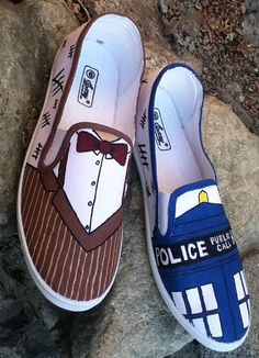 two shoes painted to look like the doctor who is wearing a bow tie