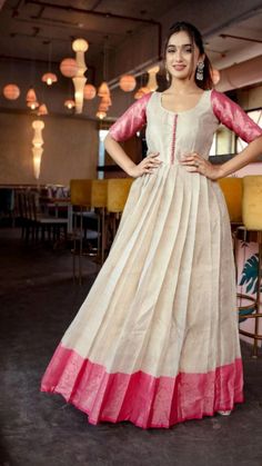 Pattu Long Frocks For Women, Banarasi Gown, Long Frocks For Women, Onam Outfits, Simple Frock Design, Long Frock Designs, Long Gown Design, Simple Frocks, Anarkali Dress Pattern