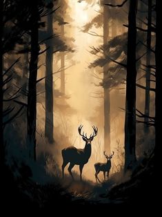 two deer standing in the middle of a forest with trees and sun shining down on them