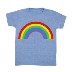 GNOME ENTERPRISES | Handprinted in New York.  Our Kids Rainbow t-shirt is printed by hand on a high quality, sweatshop-free super soft tee. - Unisex kids - Sizing corresponds approximately to age  - 52% cotton | 48% poly  - Color: light blue *When ordering our kid's tees, you may prefer to select one size up as they run very true to size. *Sizing corresponds approximately to age. Please take a moment to review our size chart before placing your order. Size | Weight (lbs) | Height (inches) | Ches Pre-shrunk Cotton Rainbow T-shirt, Playful Rainbow T-shirt For Summer, Playful Rainbow Graphic Print T-shirt, Multicolor Playful T-shirt With Funny Print, Playful Rainbow Print Top, Multicolor Graphic Tee With Character Print, Rainbow Print Cotton T-shirt With Short Sleeves, Cute Multicolor T-shirt With Rainbow Print, Cute Multicolor Rainbow Print T-shirt