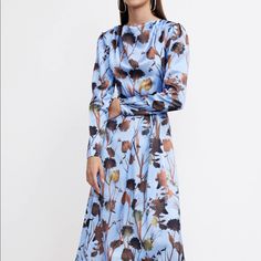 Cowl Neck Midi Dress | Size M | Brand New Blue Floral Print Midi Dress, Blue Floral Print Midi Dress For Day Out, Blue Floral Print Long Sleeve Maxi Dress, Fall A-line Midi Dress For Brunch, A-line Midi Dress For Fall Brunch, Spring Evening Blue Maxi Dress, Fitted Light Blue Midi Dress For Fall, Blue Maxi Dress For Evening In Spring, Blue Evening Maxi Dress For Spring