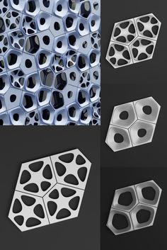 four different views of the same object in three different angles, each with holes and circles