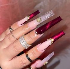 Ruby Acrylic Nails, Winter 2023 Nails, Coffin Tips, Nails Art Designs, Classy Acrylic Nails, Long Square Acrylic Nails