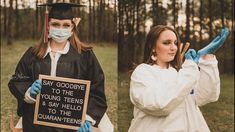 two people in graduation gowns and masks holding up signs that read say goodbye to the young teens & say hello to the quaranteens