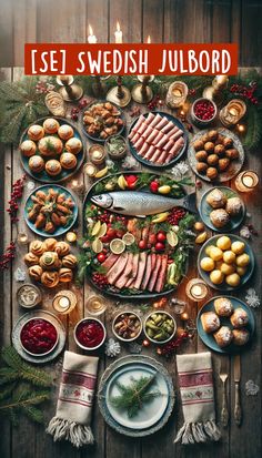 a table filled with lots of food on top of a wooden table next to candles