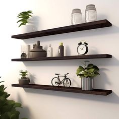 two wooden shelves with plants and vases on them next to a wall mounted clock