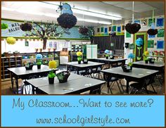 an empty classroom with tables and chairs in front of the desks are decorated with flowers