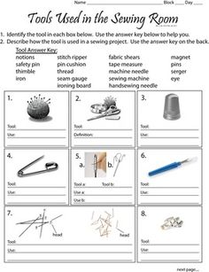 tools in the sewing room worksheet with pictures and instructions on how to sew