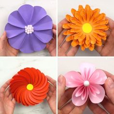 four different types of paper flowers being held in their hands