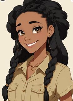 a cartoon girl with long black hair and braids on her head, smiling at the camera