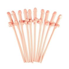 six pink plastic drinking straws on a white background