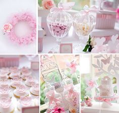 a collage of photos with pink and white decorations