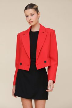 A cool, contemporary cut marries a show-stopping shade to create our statement suit crop blazer, which features peak lapels, shoulder pads, double-breasted button closure, and welt pockets for your essentials. Available in red. Style #: 83914 Blazer Suit Outfits, Cropped Blazer Suit, Taiga Cosplay, Winter Style Guide, Equestrian Chic, Crop Blazer, Blazer Designs, Red Style, Cropped Blazer