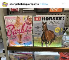 magazines are on display in a store with horse pictures and other items behind the bookshelf