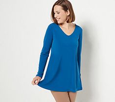 Crafted with smooth-as-butter Liquid Knit®, this tunic top flares to an A-line bottom opening, giving you plenty of movement and swing with every step. Pair it with jeans or leggings, for a daily-wear vibe. From Susan Graver. Blue Relaxed Fit V-neck Tunic, Beach-ready V-neck Rayon Tunic, Susan Graver, Knit Tunic, Tunic Length, Weekend Outfit, Fit N Flare Dress, Fit & Flare, Flare Dress