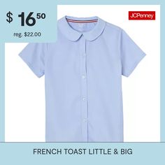 This oxford blouse from French Toast is the perfect style to keep your little or big girl sharply tailored for school, thanks to its back darts for the perfect fit. It's made from a soft cotton-blend poplin with a round Peter Pan collar, short sleeves, and button-down closures. Wear tucked in a pleated skirt with mary jane shoes.Closure Type: ButtonFit: Regular FitNeckline: Collar NeckSleeve Length: Short SleeveSleeve Style: Fitted SleeveFiber Content: 55% Cotton, 45% PolyesterFabric Descriptio… Jane Shoes, Perfect Style, Big Girl, Button Front Shirt, Pan Collar, Mary Jane Shoes, Peter Pan Collar, Short Girls, Peter Pan