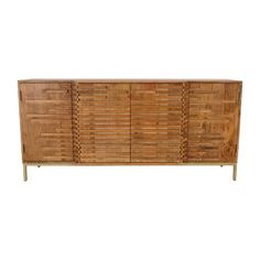 the sideboard is made out of wood and has several compartments on each side, with metal legs